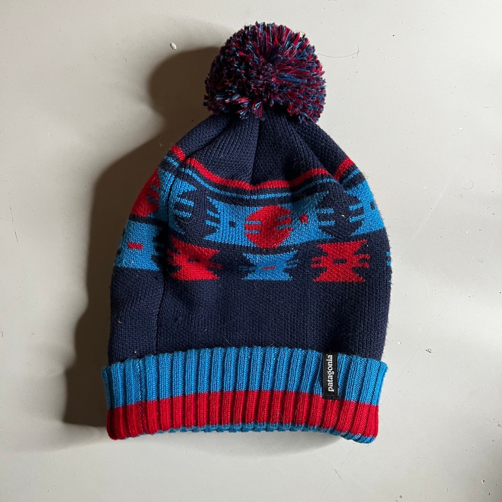 Patagonia Pom Beanie Hat Navy Blue Red Geometric Knit Recycled Polyester Beanie
